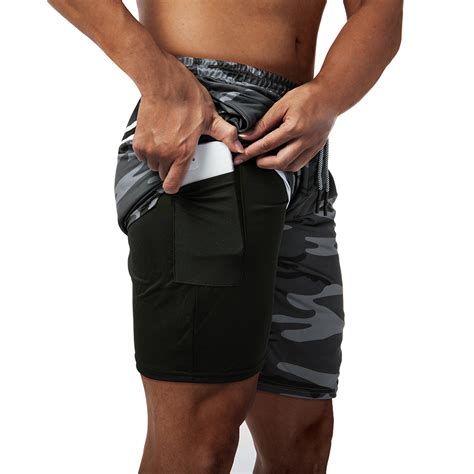 Okhoty Mens 2 In 1 Gym Training Athletic Compression Shorts Secure