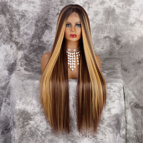 long straight ombre highlight piano color middle part synthetic lace front wig china middle