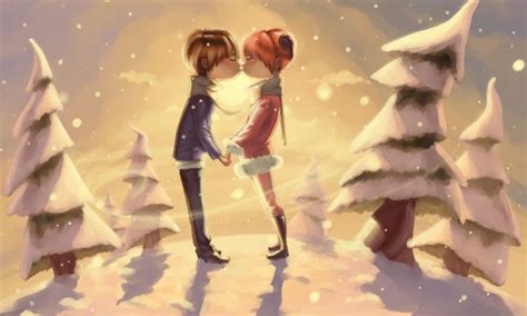 Happy Couples Winter Romance Kiss Me Anime Art Desktop
