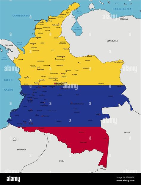 Colombia Mapa Político Altamente Detallado Con Bandera Nacional Aislada