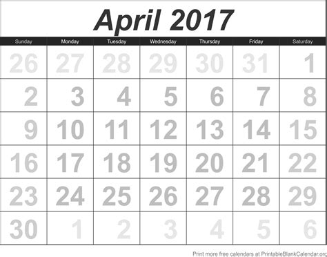 April 2017 Calandar Printable Blank