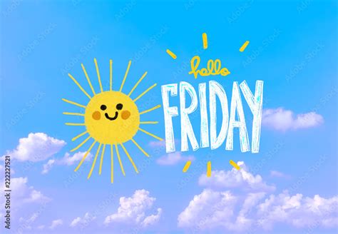 Happy Friday Cute Sun Smile Pencil Color Illustration On Blue Sky And