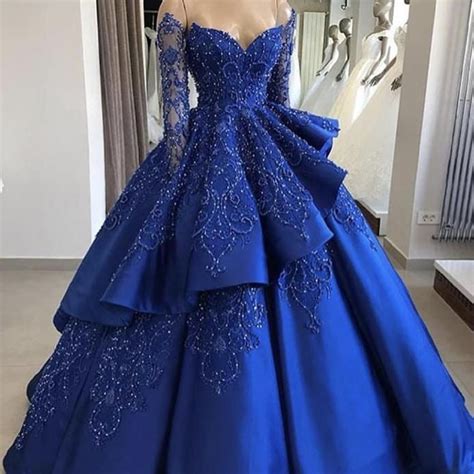 Royal Blue Prom Dresses 2020 Long Sleeve Lace Appliques Beading Pearls Ball Gown Peplum Evening