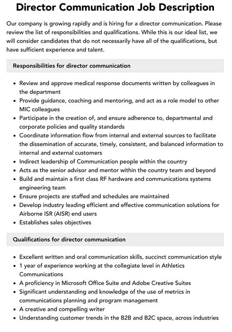 Director Communication Job Description Velvet Jobs