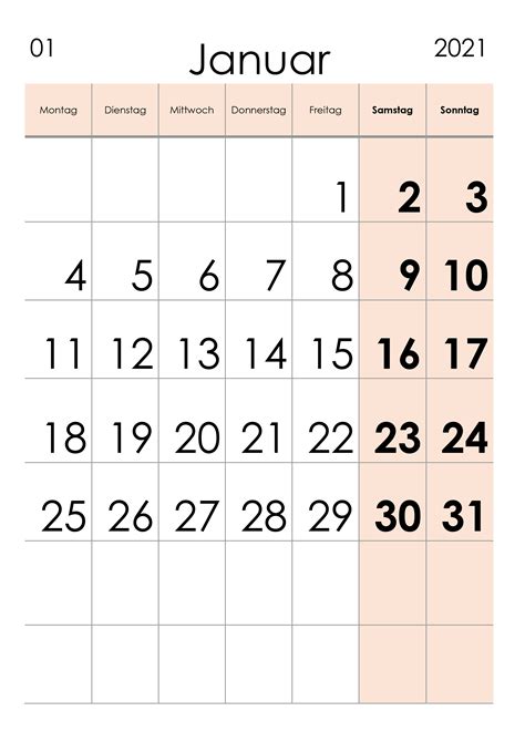 Kalender Januar 2021 Grosse Ziffern Im Hochformat Kalendersu