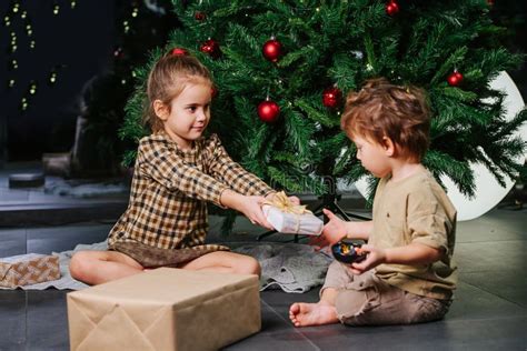 Caring Sister Giving Present To Her Toddler Brother Under A Christmas