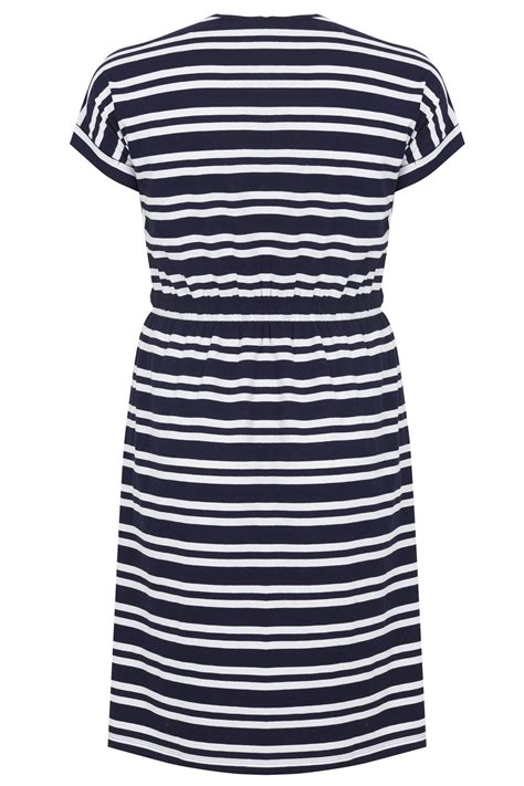 Navy White Striped T Shirt Dress With Pockets Elasticated Waistband