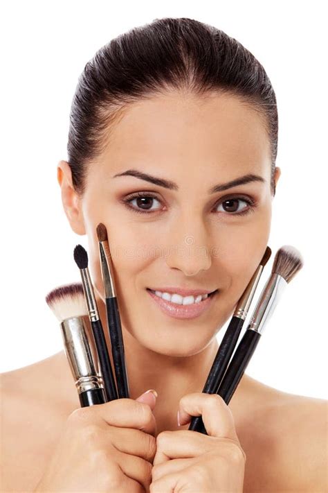 Beautiful Face Of Young Woman With Make Up Brush Stock Photo Image