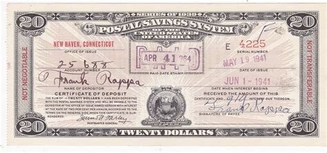 20 Series Of 1939 Postal Savings System Certificate Paid New Haven Ct