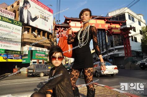 Chiang Mai Thailand Models Posing For A Fashion Photo Shooting At The Chinatown’s Entrance