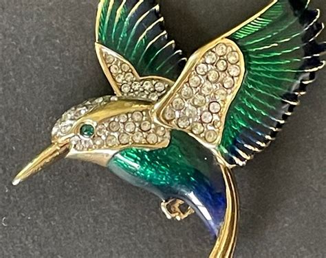 Vintage Signed Attwood And Sawyer Aands Gold Plated Blue And Green Enamel And Rhinestone Bird