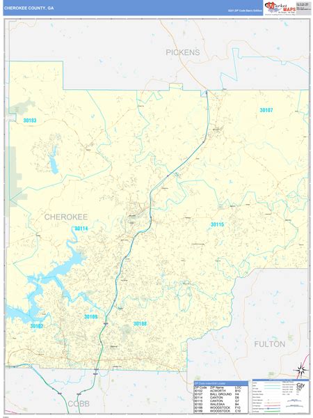 Cherokee County Ga Zip Code Wall Map Basic Style By Marketmaps