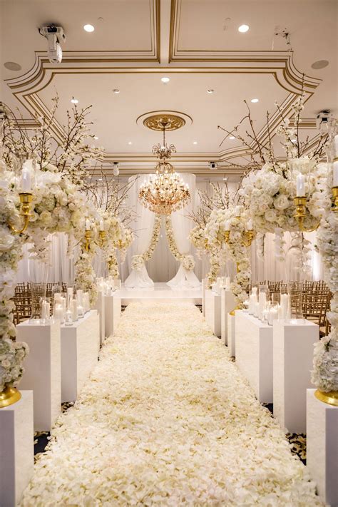 White And Gold Ballroom Wedding Ceremony White Flower Petals