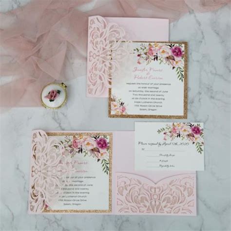 Elegant Blush Rose Laser Cut Pocket Fold With Rose Gold Glitter Paper
