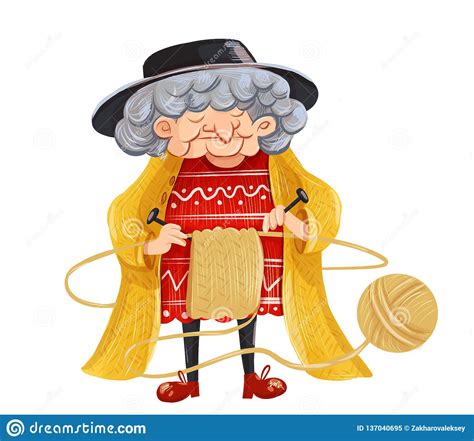 Cartoon Grandmother Knits Sweater Stock Illustration Illustration Of