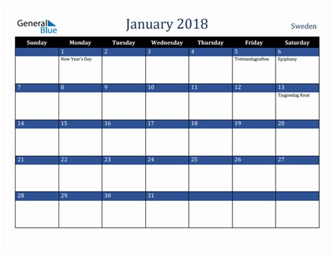 January 2018 Calendar With Sweden Holidays