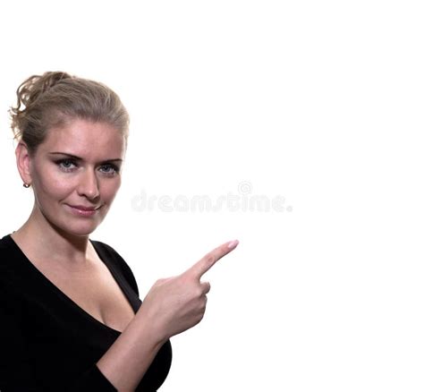 a beautiful woman points to the side with her index finger stock image image of gesture show
