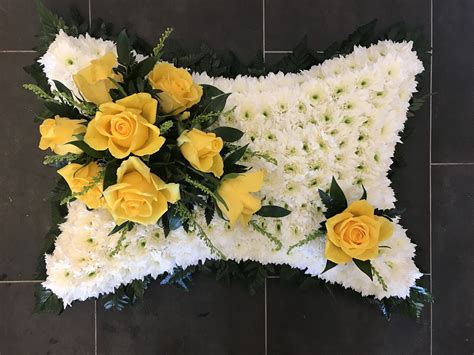 Pillow Funeral Flowers Tribute White Based With Yellow Rose Focal