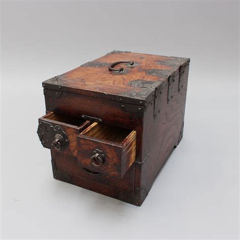 Antique Japanese Wooden Writing Box With Decorative Hardware Meiji Er
