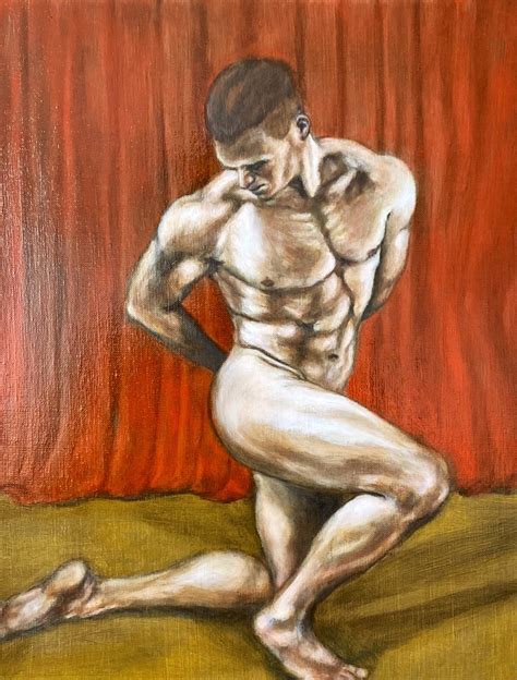 Muscular Man Vintage Original Oil Painting Beauty Fine Art Male Nude Hand Made Model Oil Art