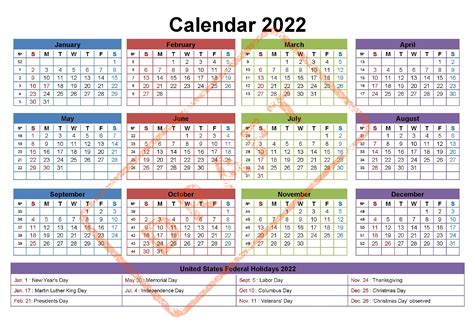 2022 Calendar Printable With Federal Holidays Yearly Etsy Australia