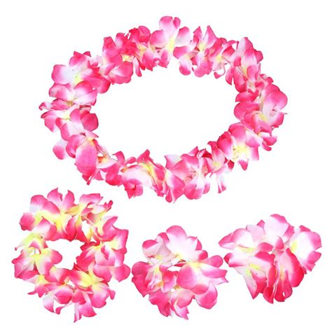 4pcs Set Hawaiian Leis Garland Flower Necklace Pink Happymy
