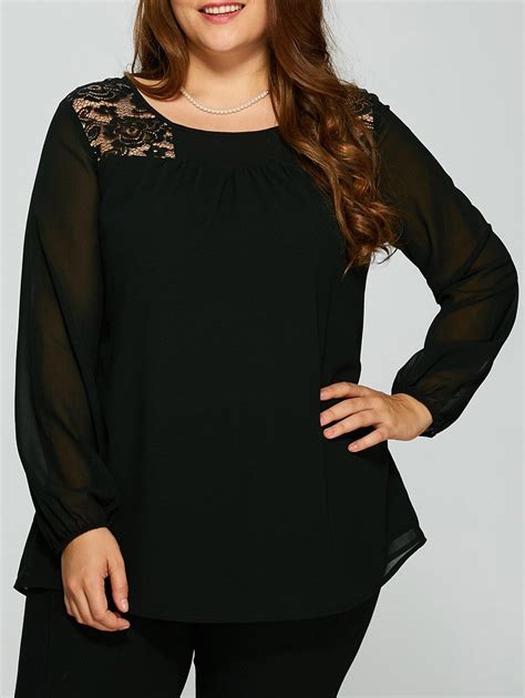 Plus Size Lace Patchwork Sheer Sleeve Blouse In Black