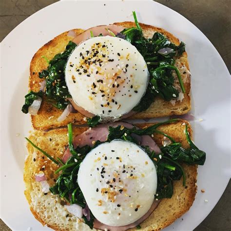 Poached Eggs Spinach And Ham On Sourdough With Everything But The