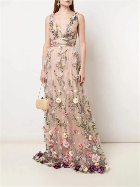 V Neck 3d Floral Embroidered Gown Marchesa Floral Applique Dress