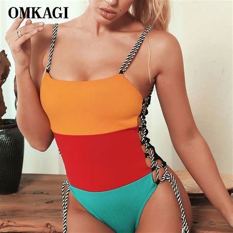 Omkagi Swimwear Women One Piece Swimsuit Patchwork Swimsuit Female Swimming Suit For Women Micro