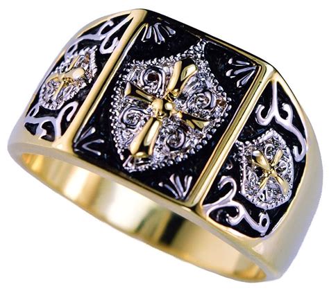 Two Tone Knights Templar Crest Mens Ring 18k Gold Overlay Size 15