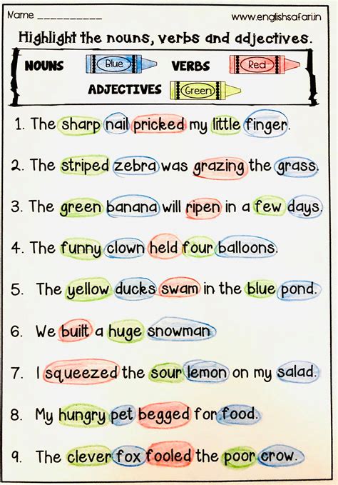 Noun Verb Adjective Worksheet With Answers	