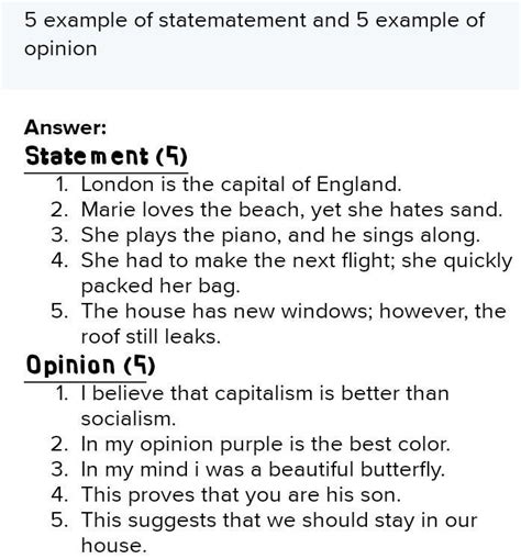 Give 5 Examples Of A Fanctual Statements And 5 Example Of An Opinion