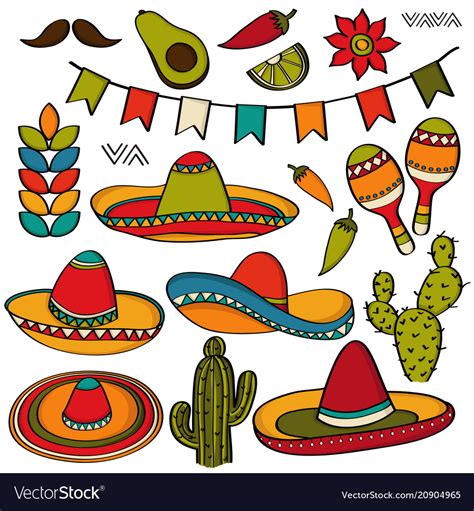 Doodle Mexico Symbol Collection Isolated On White Vector Image