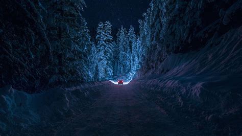 Download Blue Anime Snowy Night Road Aesthetic Wallpaper