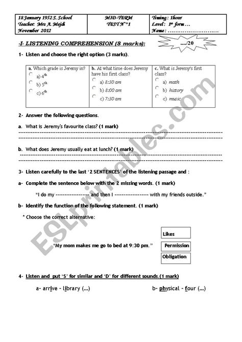 1st Form Mid Term Test N°1 Esl Worksheet By Lua Jzr