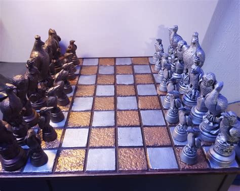 Birds Themed Chess Set Cast In Stone Finished In Bronze And Silver