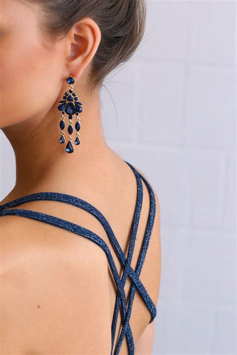 Lovely Gold And Navy Blue Earrings Rhinestone Earrings Lulus