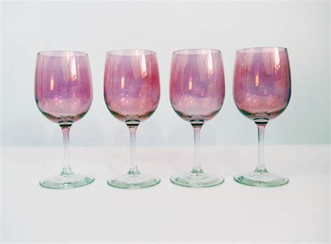 Vintage Set 4 Tall Pink Crystal Wine Glasses Set Of Four Large Pink