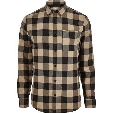 River Island Brown Check Flannel Shirt In Black For Men Lyst