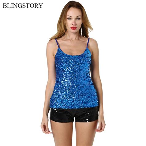 Blingstory Sexy Sleeveless Women Tops Stretch Design Bling Bling Sequin Tank Top Blue Drop
