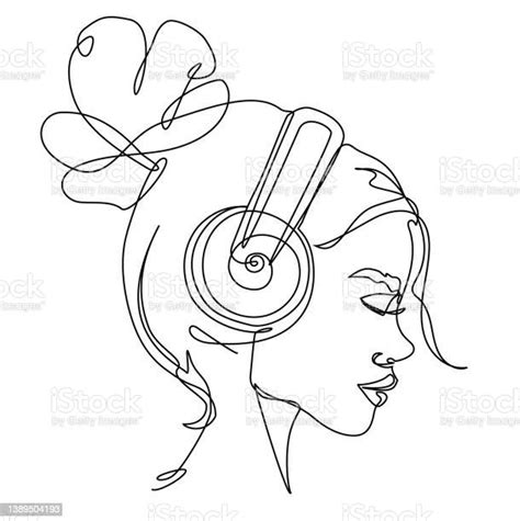 Girl With Headphones One Line Vector Illustration Stock Illustration