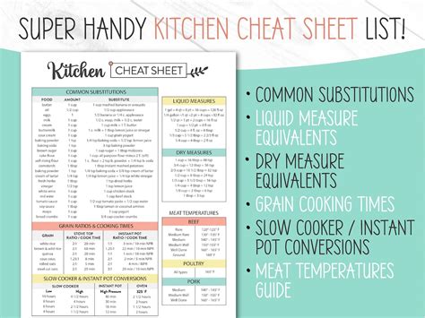Printable Kitchen Cheat Sheet Kitchen Substitution Chart Kitchen