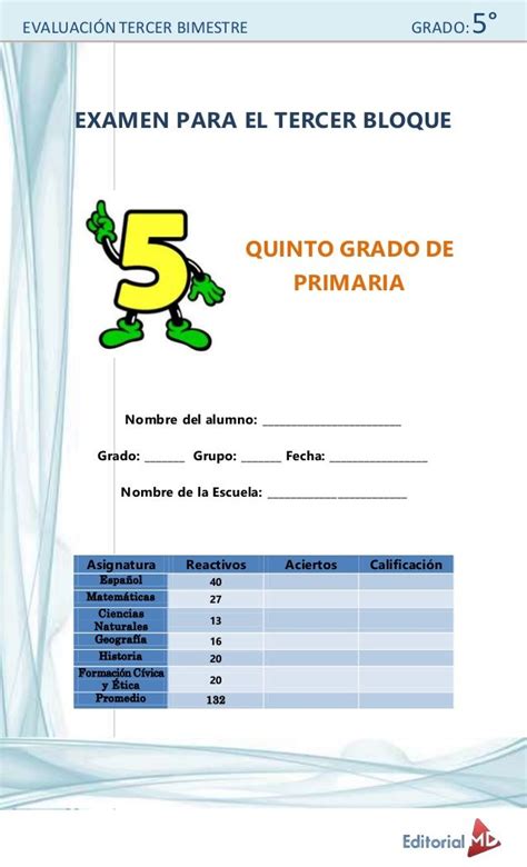 Nombre del alumno (a) examen diagnostico de quinto grado. EVALUACIÓN TERCER BIMESTRE GRADO:5° EXAMEN PARA EL TERCER ...