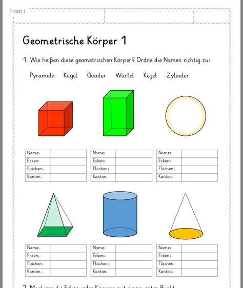 Geometrische Körper Eigenschaften Arbeitsblatt Grundschule Nachhilfe