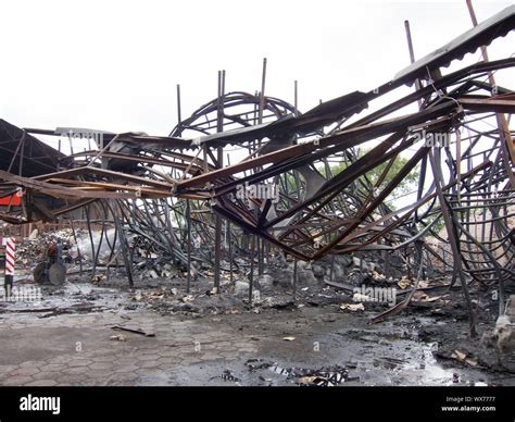Twisted Steel Beams After A Factory Fire Warehouse Destroyed By Fire