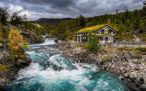 Download Wallpapers Mountain River Norway Mountain Landscape Wooden