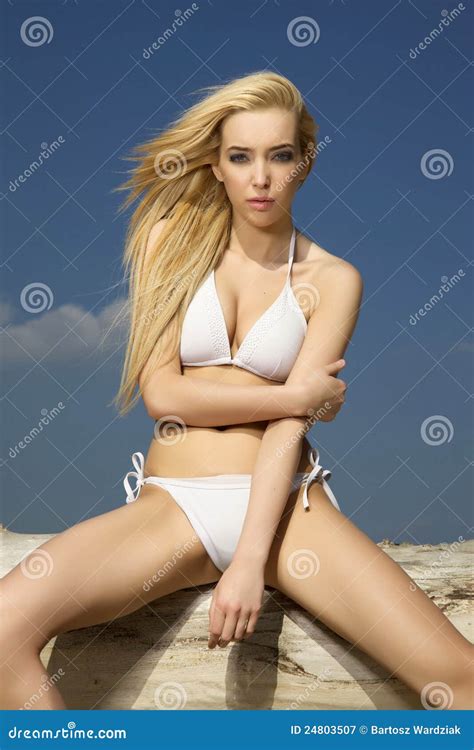 Beautiful Blonde Woman In White Bikini Stock Image Image Of Attractive Coast 24803507