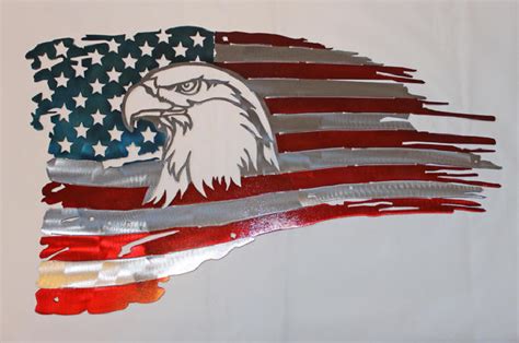 American Tattered Usa Flag Metal Wall Art Sign Patriotic Eagle Head