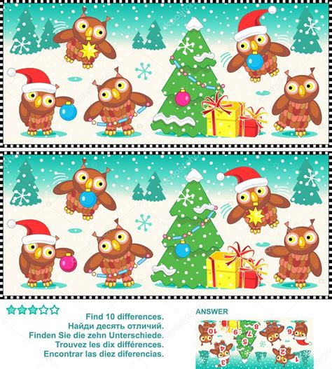 Dann ist die weihnachtszeit auch bei euch daheim. Weihnachten Eulen finde die Unterschiede-Bilderrätsel — Stockvektor #68660091